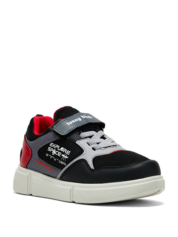 Çocuk Unisex Siyah Kırmızı Rahat Kalıp Cırtlı Ayakkabı - Görsel 4