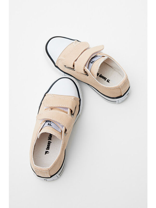 Çocuk Unisex Bej Kauçuk Taban Keten Cırtlı Spor Ayakkabı - Görsel 3