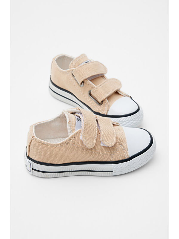 Çocuk Unisex Bej Kauçuk Taban Keten Cırtlı Spor Ayakkabı - Görsel 4