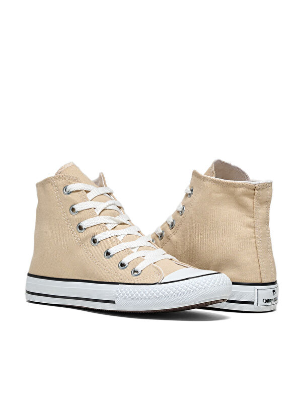 Unisex Bej Rahat Kalıp Bağcıklı Uzun Spor Ayakkabı - Görsel 4