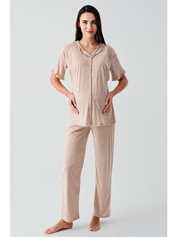 Artış Kısa Kollu Düğmeli Esnek Pamuklu Kumaş Hamile Pijama Takım 17200