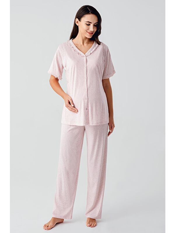 Artış Kısa Kollu Düğmeli Esnek Pamuklu Kumaş Hamile Pijama Takım 17200