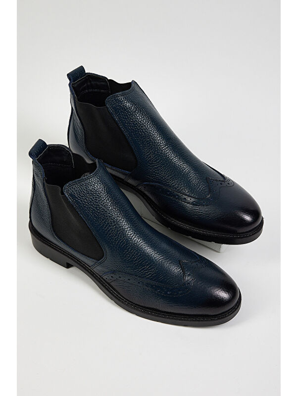 Erkek Lacivert Rahat Kalıp Desenli Hakiki Deri Lastikli Bot - Görsel 3