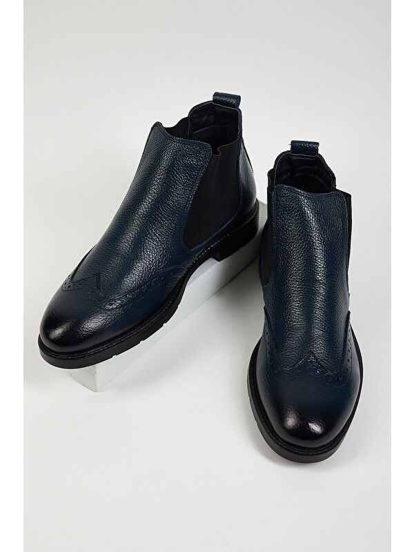 Erkek Lacivert Rahat Kalıp Desenli Hakiki Deri Lastikli Bot - Görsel 5