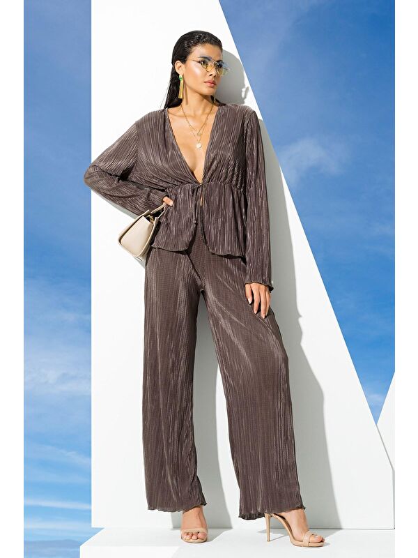 For You Moda 2'Li Piliseli Yeşil Bluz Pantolon Takım