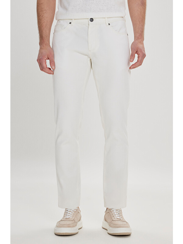 Altınyıldız Classics Erkek Beyaz Slim Fit Dar Kesim 5 Cep Armürlü Esnek Pantolon