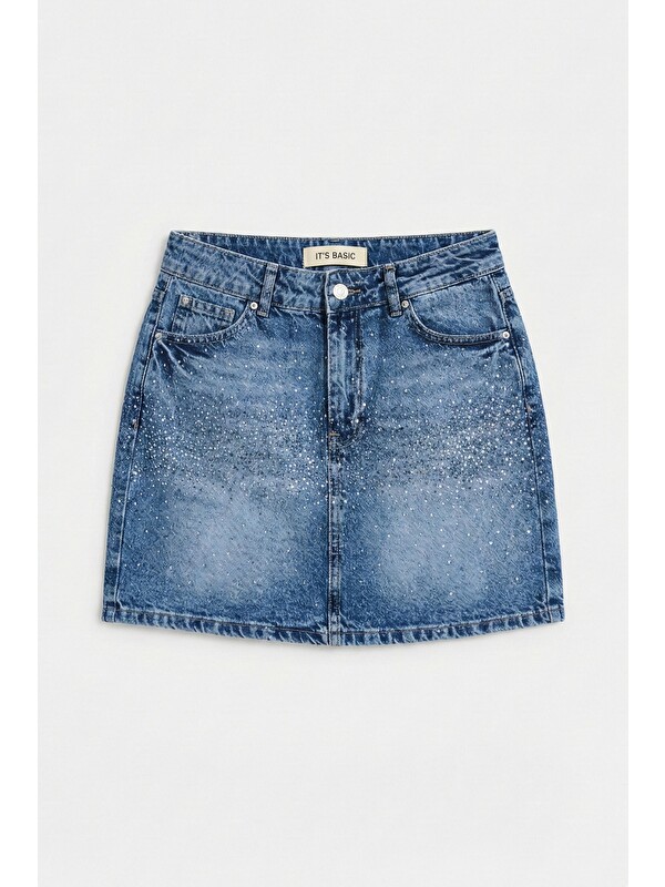 It's Basic Kadın Mavi T2-4s6-4 Straight Fit Parlak Taşlı Özel Tasarım Mini Denim Etek