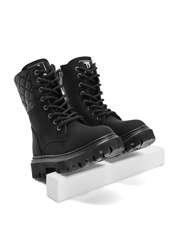 Kız Çocuk Siyah Termo Taban Kapitone Detaylı Bağcıklı ve Fermuarlı Uzun Bot - Görsel 5