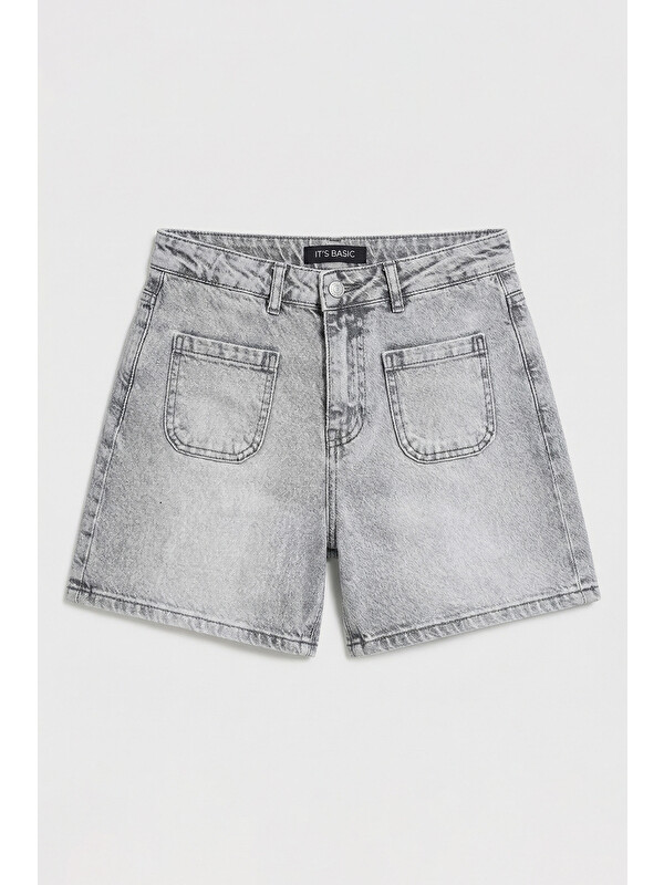 It's Basic Kadın Gri Jean 4s6-12 Mom Fit Önden Cepli Denim Şort