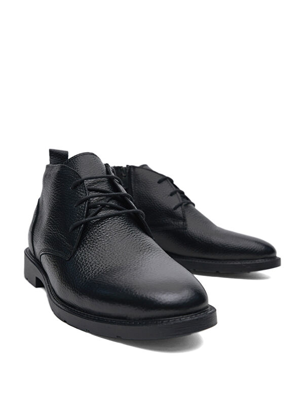 Erkek Siyah Rahat Kalıp Hakiki Deri Bağcıklı ve Fermuarlı Bot - Görsel 3