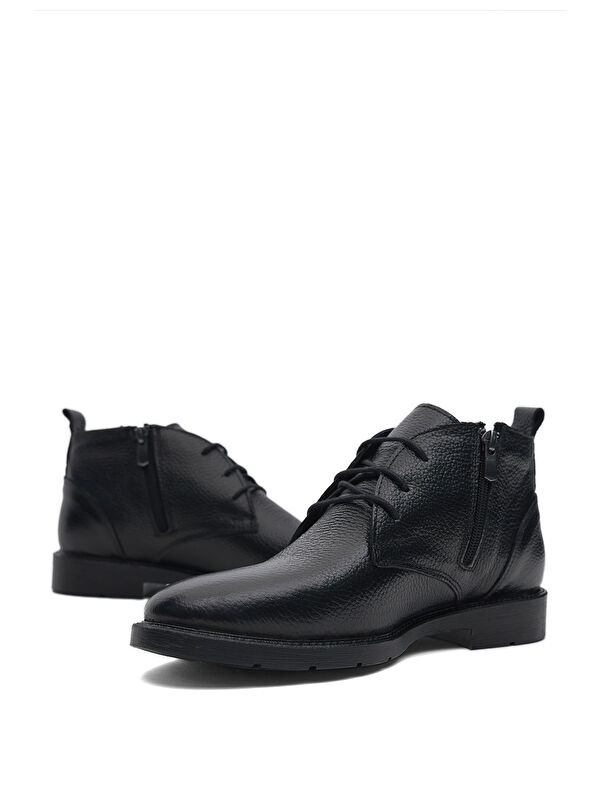 Erkek Siyah Rahat Kalıp Hakiki Deri Bağcıklı ve Fermuarlı Bot - Görsel 4