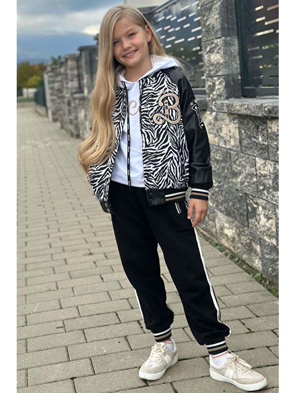 Riccotarz Kız Çocuk V Cool Yazı Baskılı Sweatshirt Zebra ve Gold Şerit Detaylı Deri Eşofman Takım