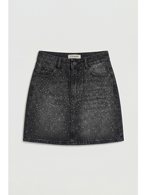 It's Basic Kadın Koyu Füme T2-2s6-1 Straight Parlak Taşlı Özel Tasarım Denim Etek