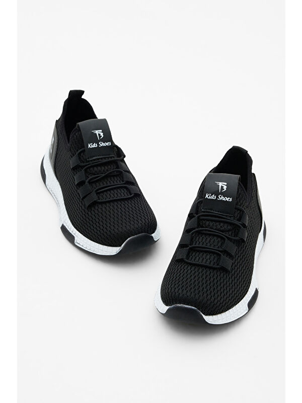 Çocuk Unisex Siyah Beyaz Rahat Kalıp Lastik Bağcıklı Spor Ayakkabı - Görsel 3
