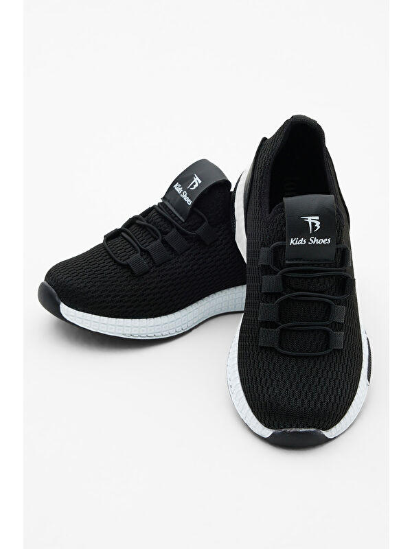 Çocuk Unisex Siyah Beyaz Rahat Kalıp Lastik Bağcıklı Spor Ayakkabı - Görsel 4