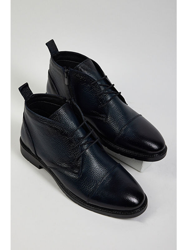 Erkek Lacivert Rahat Kalıp Hakiki Deri Bağcıklı ve Fermuarlı Bot - Görsel 2