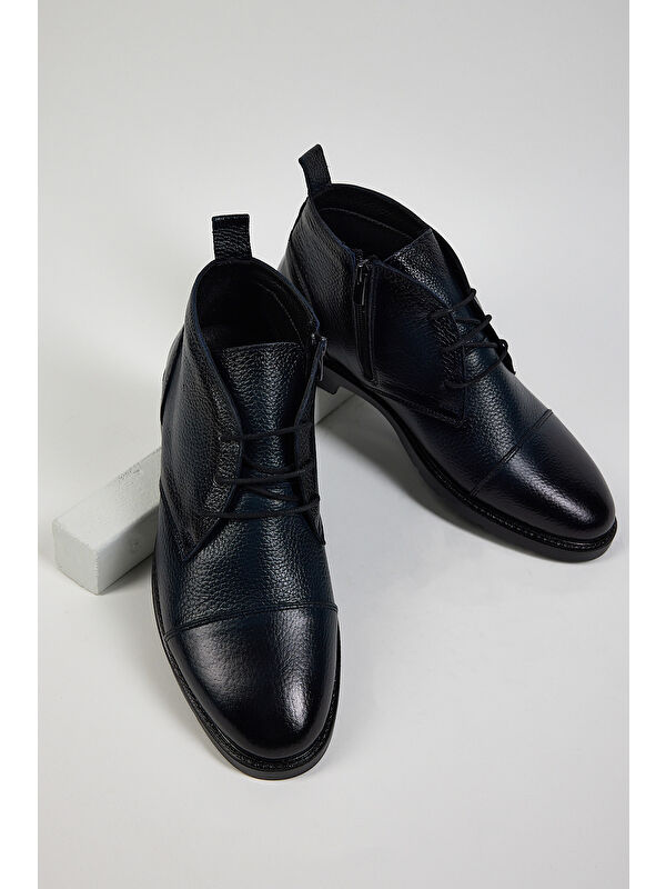 Erkek Lacivert Rahat Kalıp Hakiki Deri Bağcıklı ve Fermuarlı Bot - Görsel 4