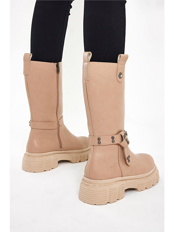 Kadın Nude Cilt Rahat Kalıp Yüksek Taban Tokalı Fermuarlı Çizme - Görsel 3