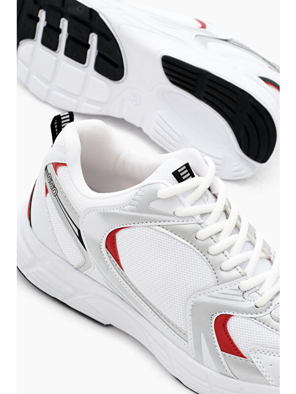 Unisex Beyaz Kırmızı Rahat Kalıp Faylon Taban Bağcıklı Spor Ayakkabı - Görsel 4