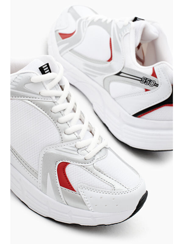 Unisex Beyaz Kırmızı Rahat Kalıp Faylon Taban Bağcıklı Spor Ayakkabı - Görsel 5