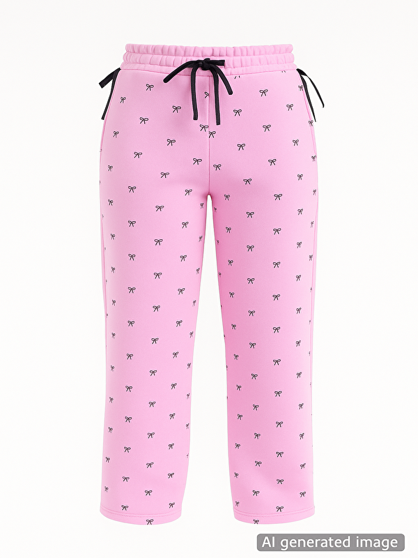 Cansın Mini Pembe Fiyonk Baskılı Geniş Paça Kız Çocuk Şardonlu Eşofman Altı 23425