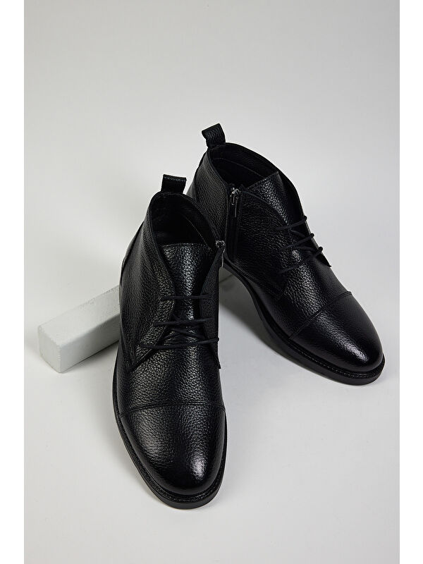 Erkek Siyah Rahat Kalıp Hakiki Deri Bağcıklı ve Fermuarlı Bot - Görsel 4