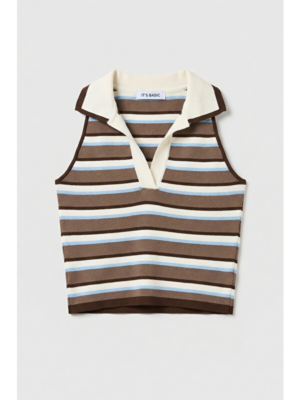 It's Basic Kadın Mavi Kahve s6-103 Crop Fit Polo Yaka İnce Yazlık Triko Body