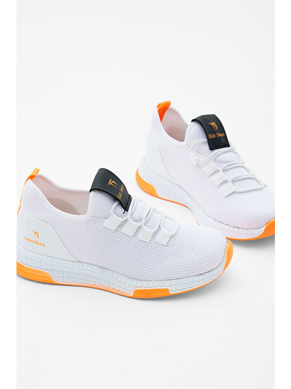 Çocuk Unisex Beyaz Oranj Rahat Kalıp Lastik Bağcıklı Spor Ayakkabı - Görsel 3