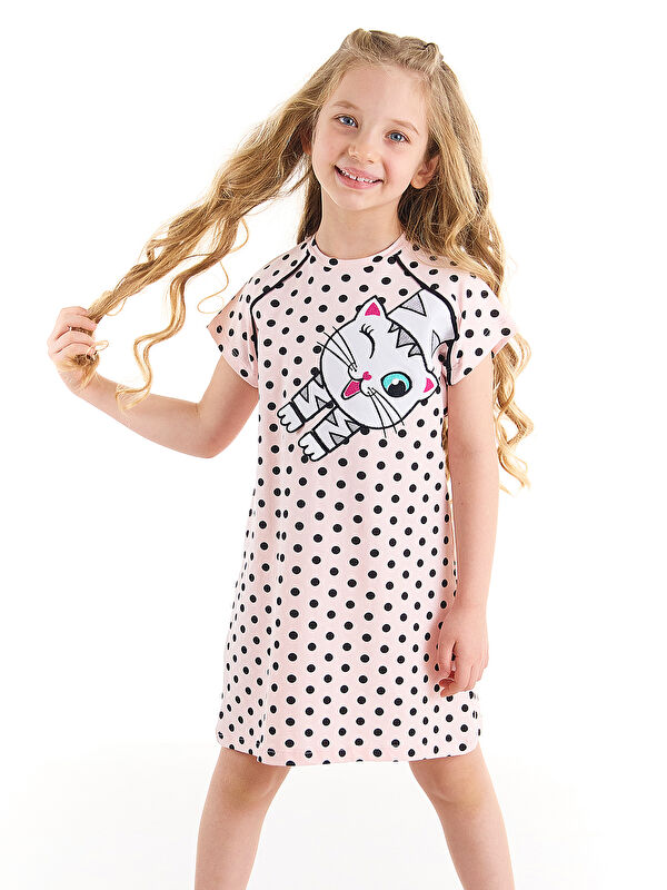 Denokids Beyaz Kedi Kız Çocuk Puantiye Pembe Elbise