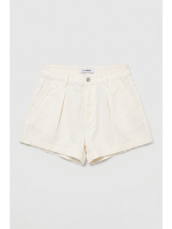 It's Basic Kadın Kırık Beyaz Renk 7s6-101 Mini Boy Pileli %100 Pamuk Denim Şort