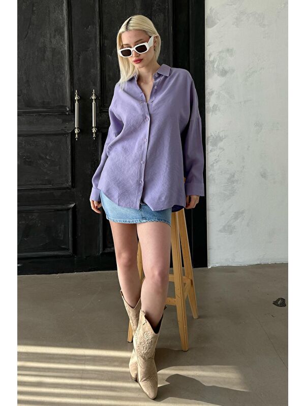 Madmext Lila Uzun Kollu Oversize Gömlek Mg2003