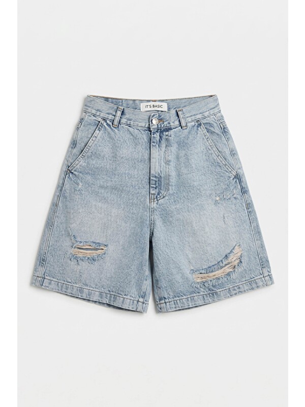 It's Basic Kadın Jean Rengi 12s6-32 Skater Fit Denim Bermuda Şort