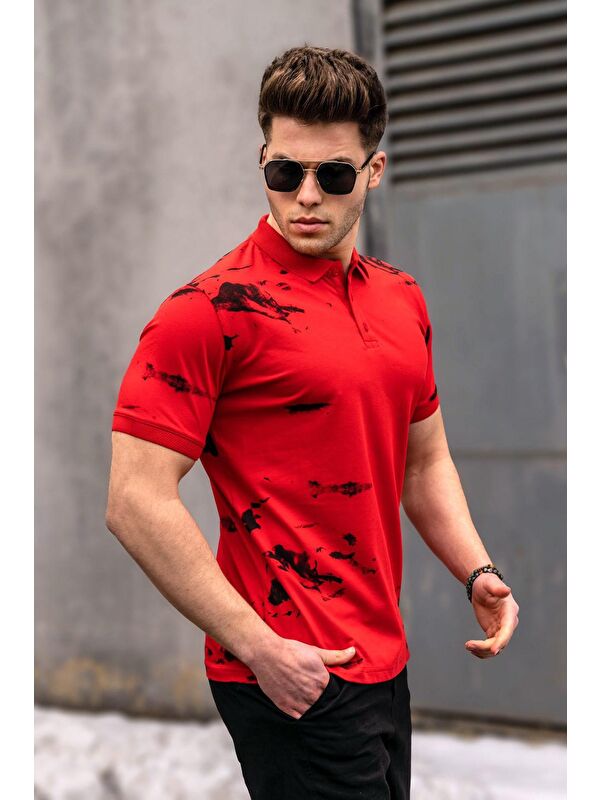 Madmext Polo Yaka Desenli Kırmızı Erkek Tişört