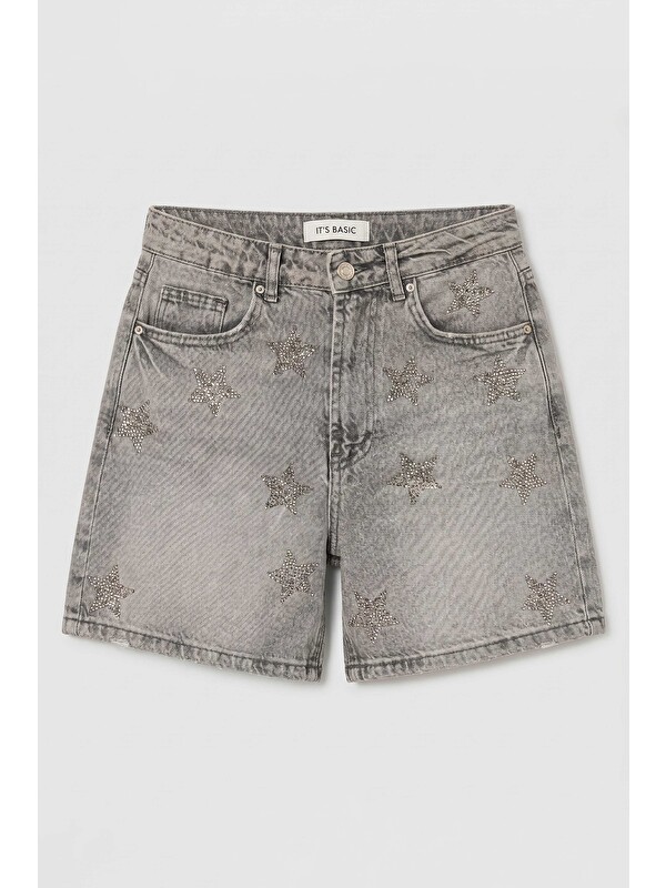 It's Basic Kadın Füme T-4s6-12 Mom Relax Yıldız Detaylı Tasarım Denim Şort