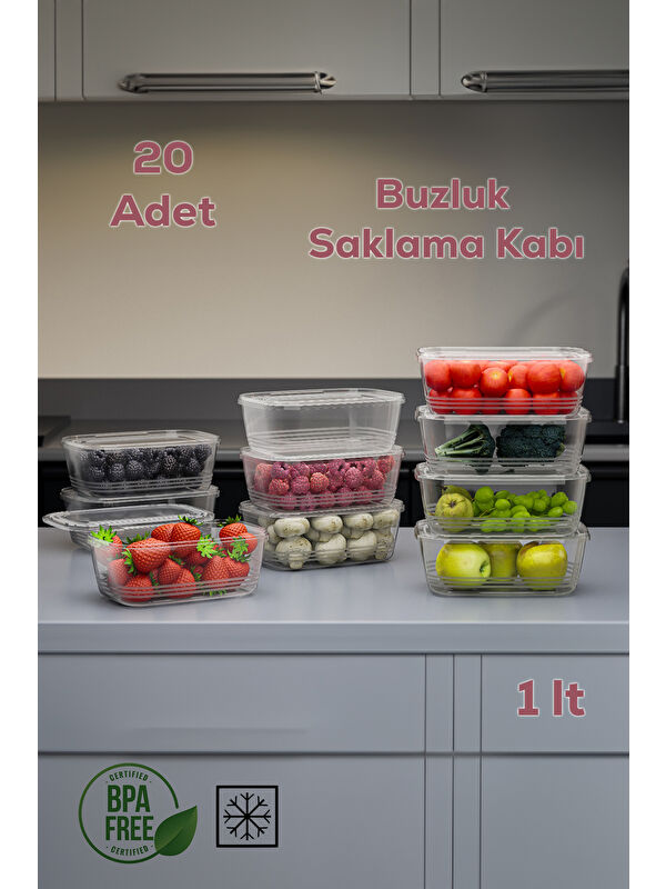 Porsima 1072 20'li Buzluk Düzenleyici Saklama Kabı Kendinden Kapaklı Derin Dondurucu Saklama Kabı 1Lt Şeffaf