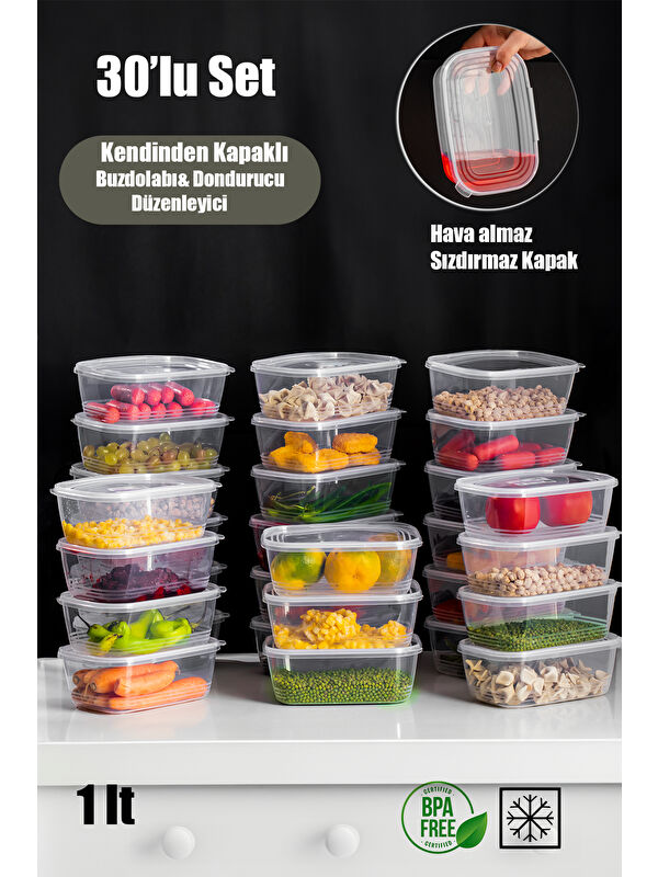 Porsima 1072 30'lu Buzluk Düzenleyici Saklama Kabı Kendinden Kapaklı Derin Dondurucu Saklama Kabı 1Lt Şeffaf