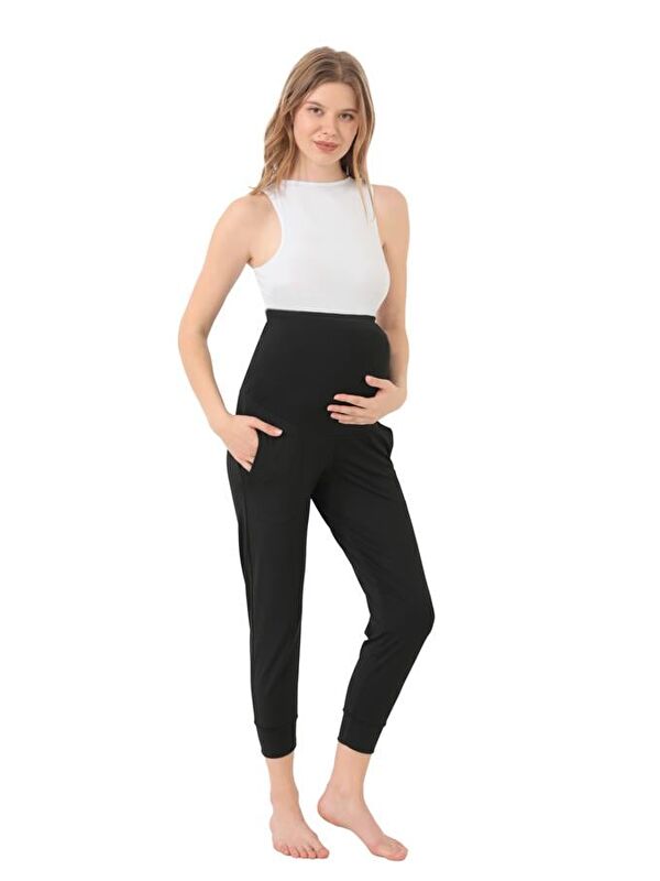 Cottonhill Siyah Esnek Yüksek Bel Çift Cepli Hamile Jogger Eşofman Altı