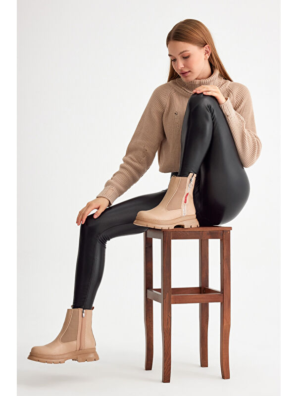 Kadın Nude Cilt Kalın Termo Taban Çift Fermuarlı Lastikli Bot - Görsel 3