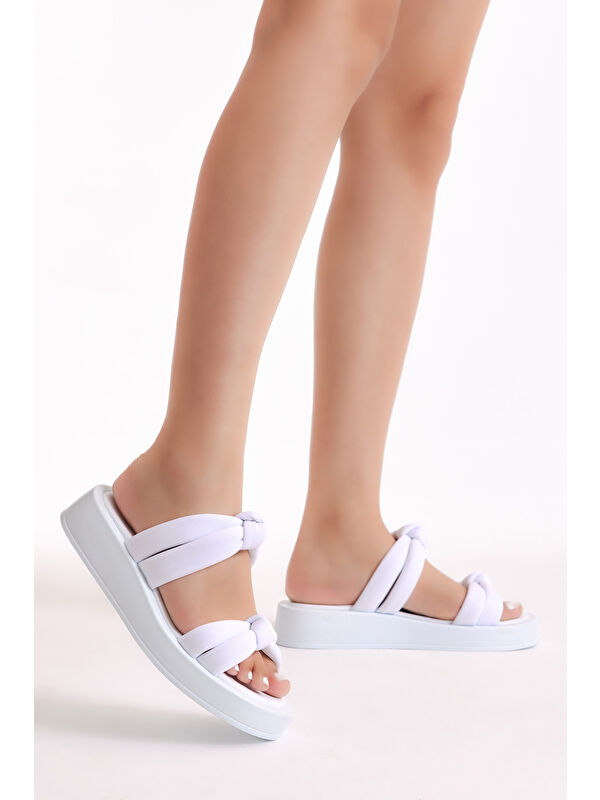 Kadın Beyaz Paraşüt Kumaş Çift Bantlı Yüksek Taban Terlik - Görsel 3