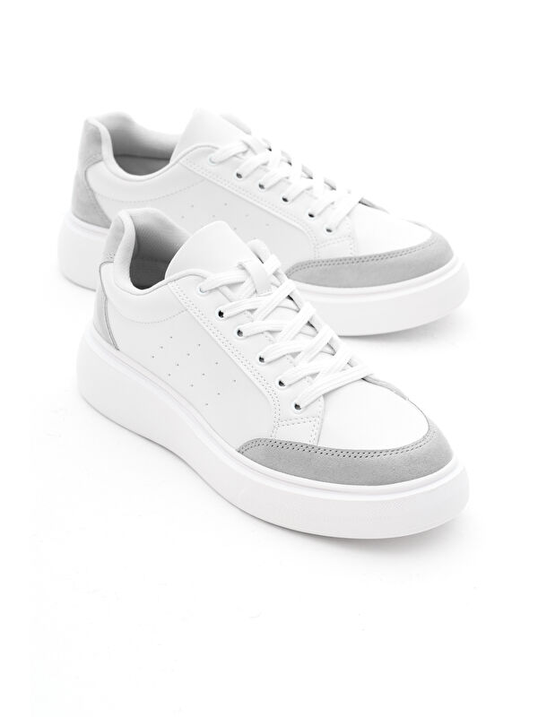 Kadın Beyaz Gri Rahat Kalıp Yüksek Poli Taban Bağcıklı Spor Ayakkabı - Görsel 4