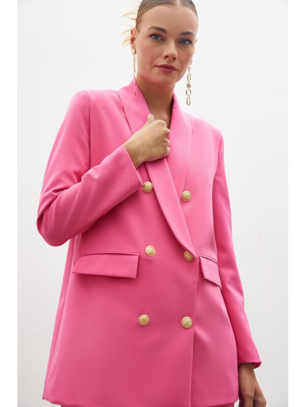 SATEEN Düğme Detaylı Kruvaze Ceket - Pembe