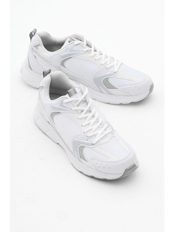 Unisex Beyaz Gümüş Rahat Kalıp Faylon Taban Bağcıklı Spor Ayakkabı - Görsel 4