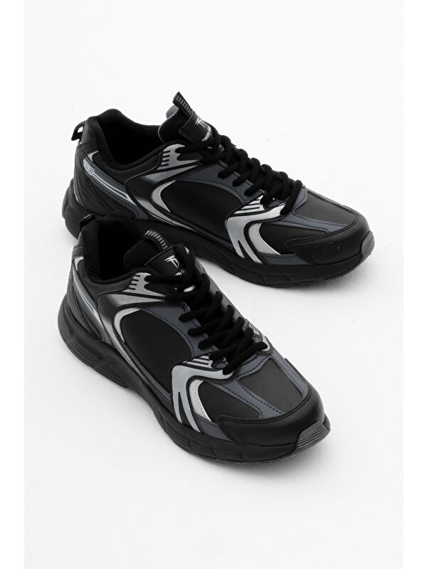 Unisex Siyah Füme Cilt Rahat Kalıp Faylon Taban Bağcıklı Spor Ayakkabı - Görsel 4