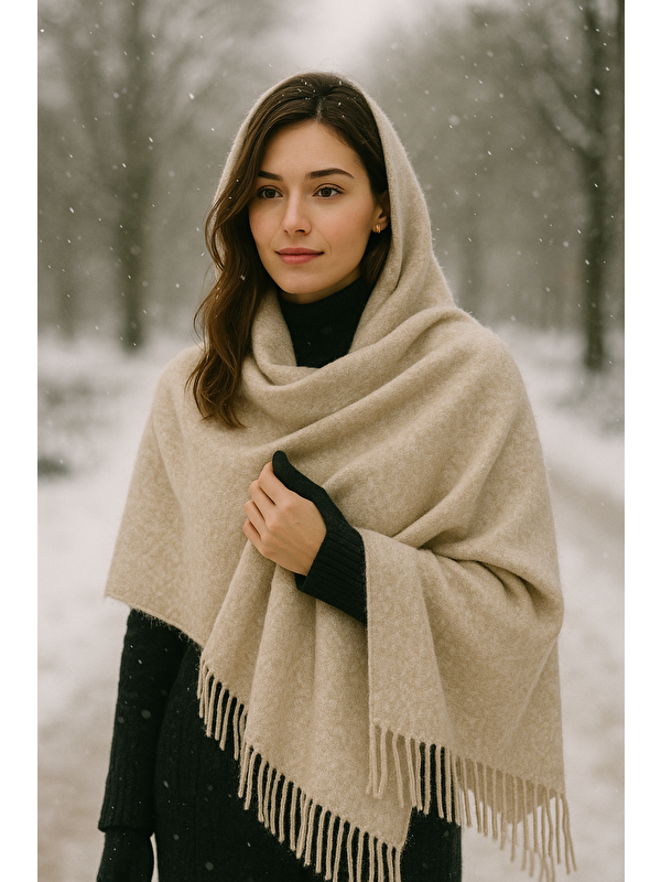 Luminos Butik Kadın Basic Vizon Püsküllü Buklet Atkı Şal 45x200 Cm Sal1285