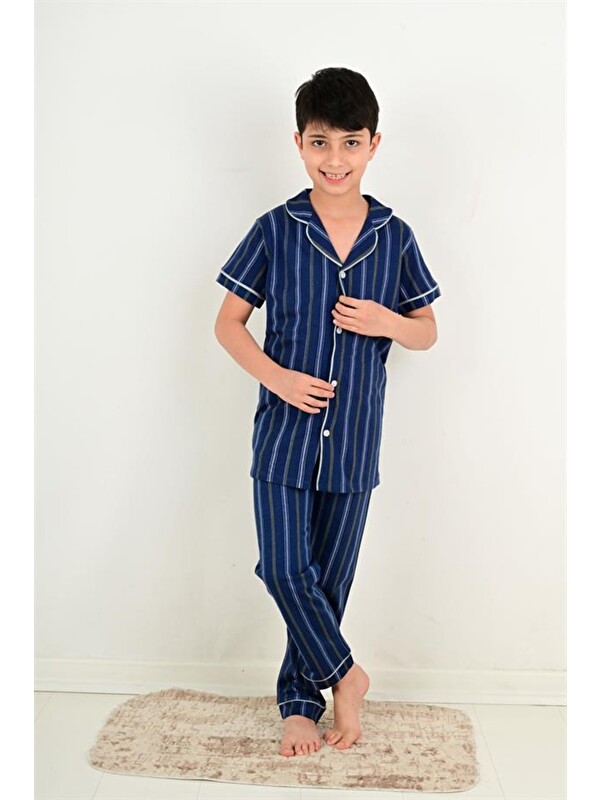 Vitmo Erkek Çocuk Kısa Kollu Düğmeli Pijama Takımı Atlas Model İndigo
