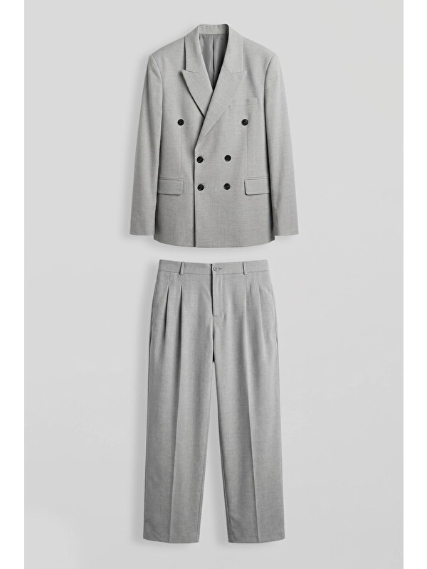 Abluka Online Erkek Oversize Kruvaze Modern Takım Elbise Gri