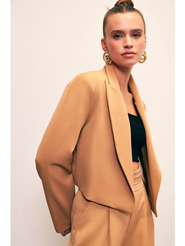 SATEEN Şal Yaka Kısa Ceket - Camel