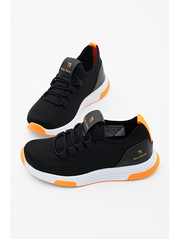 Çocuk Unisex Siyah Turuncu Rahat Kalıp Lastik Bağcıklı Spor Ayakkabı - Görsel 3