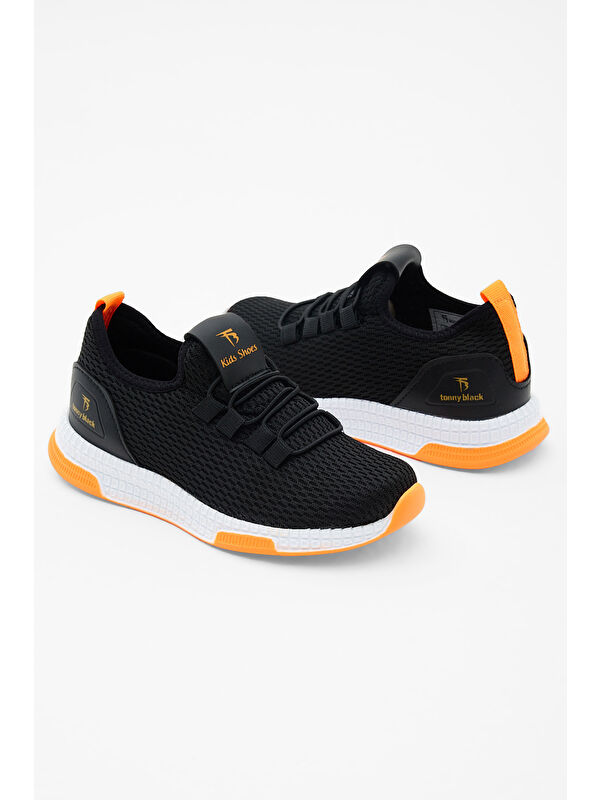 Çocuk Unisex Siyah Turuncu Rahat Kalıp Lastik Bağcıklı Spor Ayakkabı - Görsel 4