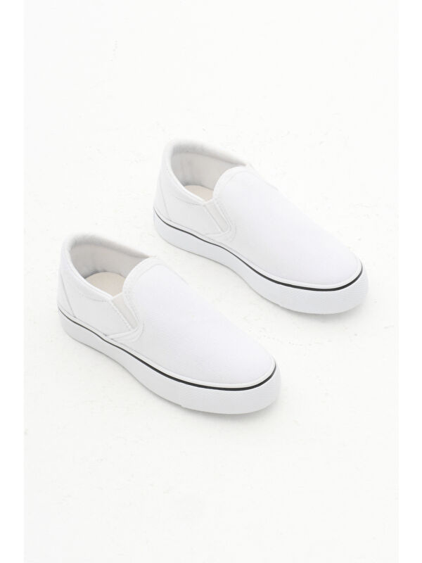 Çocuk Unisex Beyaz Kauçuk Taban Keten Lastikli Spor Ayakkabı - Görsel 4